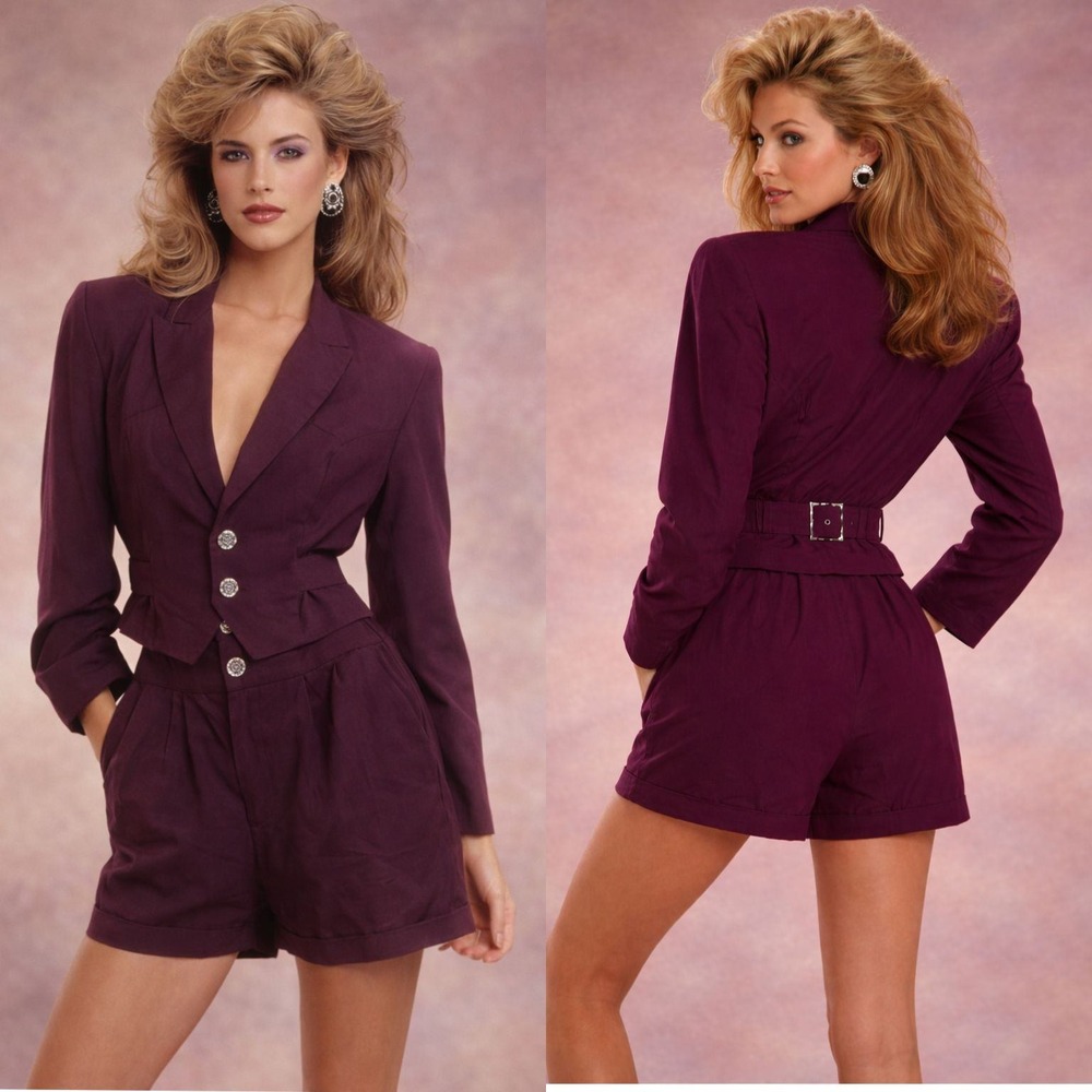 Vintage BIA Born‎ in America 80s Plum Purple Cropped Blazer and Shorts Suit Set
